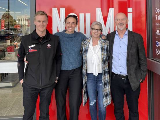 Jack Beaton and his partner Natalie alongside Iain Beaton and his partner Kirsten, at the opening of New World Wairoa.